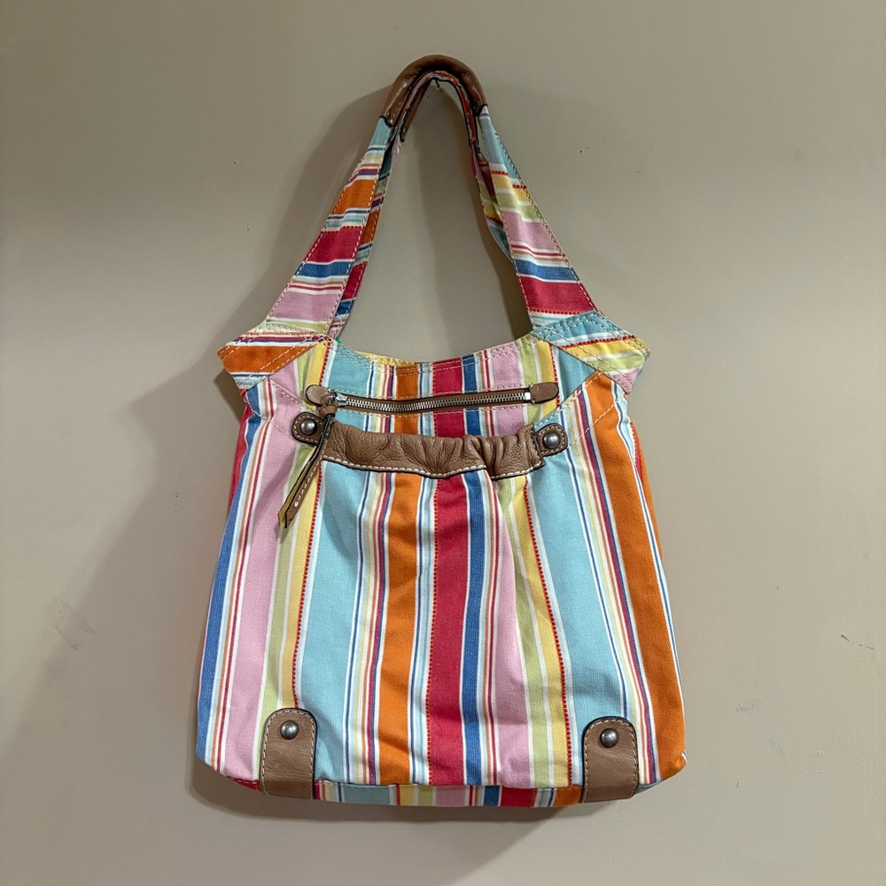Fossil Vintage Striped Canvas Shoulder Bag with Leather Trim
